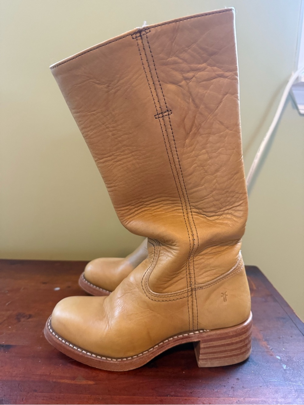 Frye Mustard Tan Leather Mid-Calf Heeled Boots